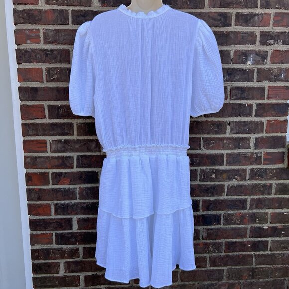 DREW Size L Puff Sleeves Mini Dress Tiered White Party 100% Cotton Beachy - Picture 2 of 5